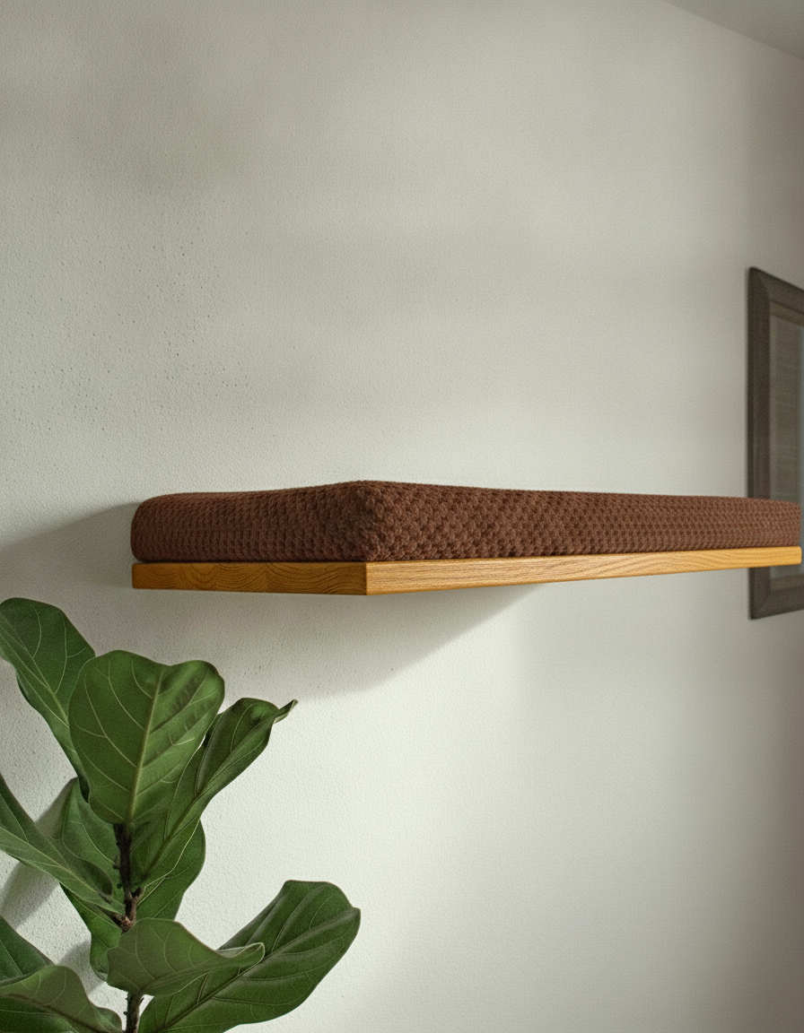 Floating Cat Wall Shelf - The Cozy Nook in Golden Oak, Dark Chocolate cushion
