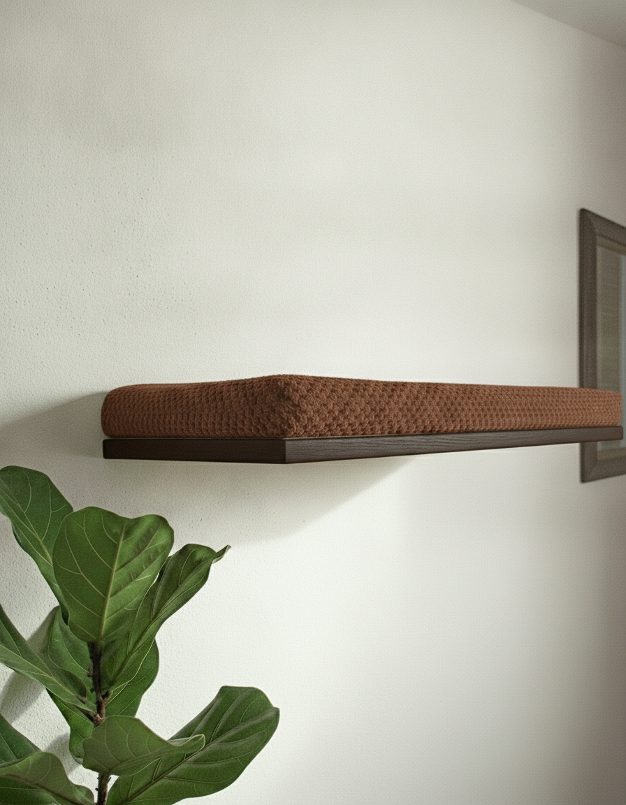 Floating Cat Wall Shelf - The Cozy Nook in Wenge, Dark Chocolate cushion
