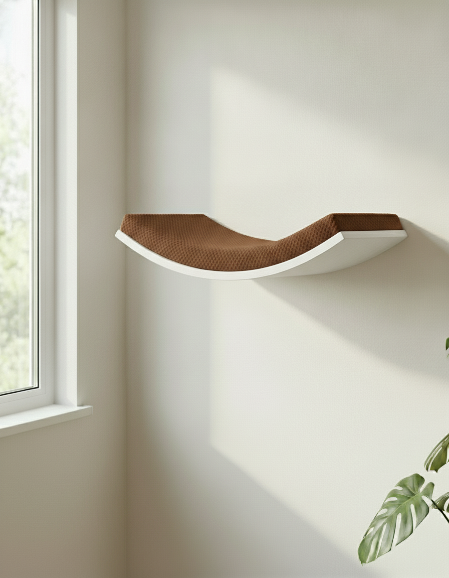 Floating Cat Wall Shelf - Softly Shaped in White, Dark Chocolate cushion