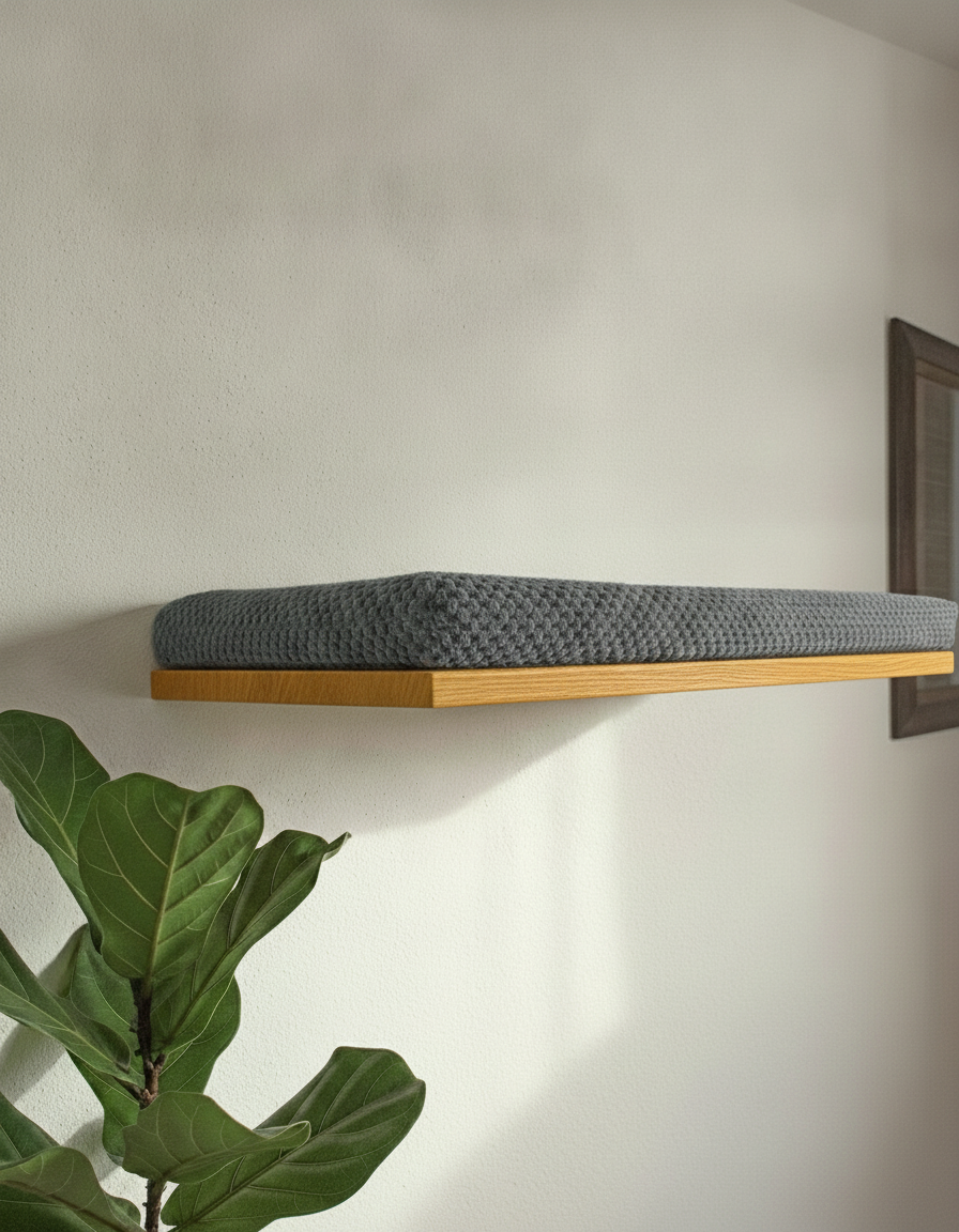 Floating Cat Wall Shelf - The Cozy Nook in Golden Oak, Dark Grey cushion