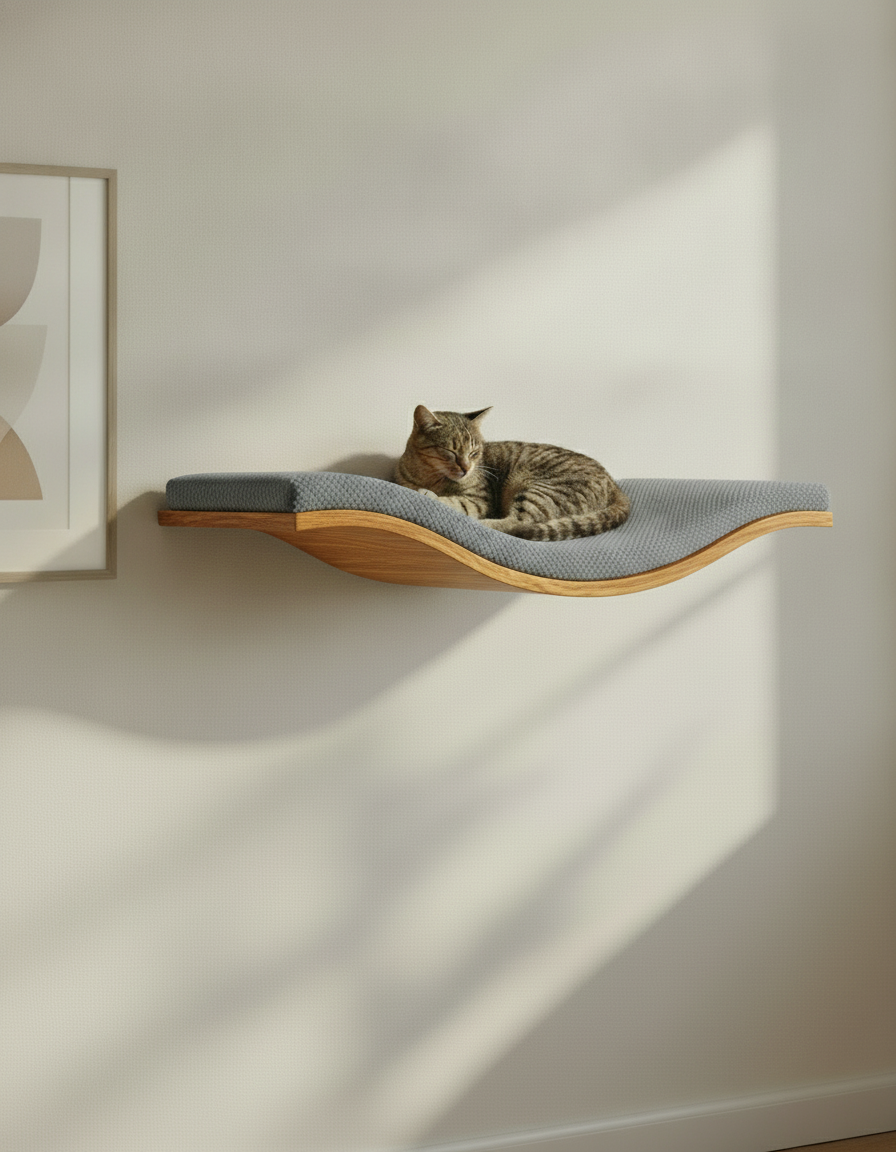 Floating Cat Wall Shelf - The Wavey Retreat in Golden Oak, Dark Grey cushion