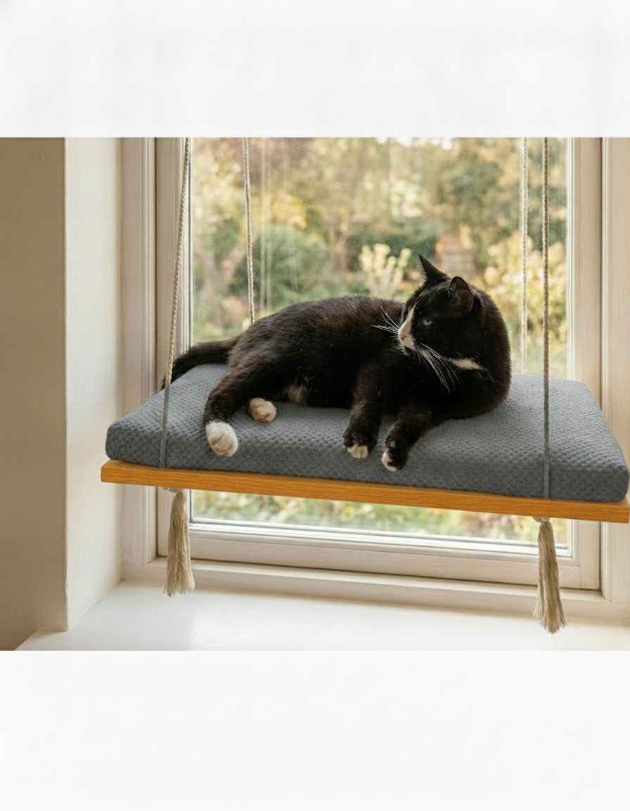 Cat Window Perch - Pine Wood - The Sunny Spot in Golden Oak, Dark Grey cushion