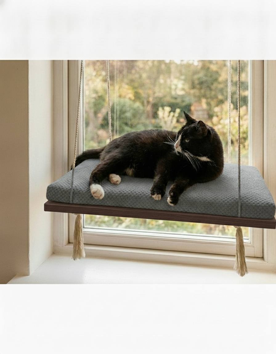 Cat Window Perch - Pine Wood - The Sunny Spot in Wenge, Dark Grey cushion
