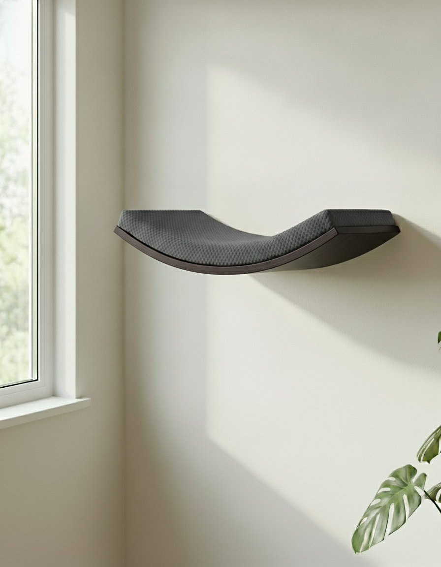 Floating Cat Wall Shelf - Softly Shaped in Wenge, Dark Grey cushion
