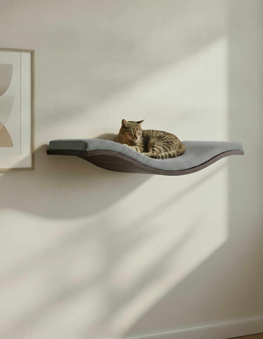 Floating Cat Wall Shelf - The Wavey Retreat in Wenge, Dark Grey cushion
