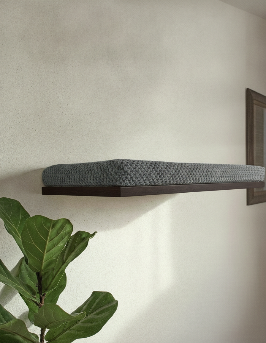 Floating Cat Wall Shelf - The Cozy Nook in Wenge, Dark Grey cushion
