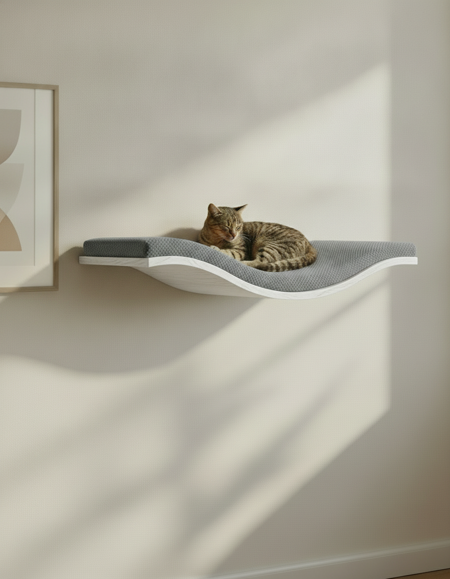 Floating Cat Wall Shelf - The Wavey Retreat in White, Dark Grey cushion