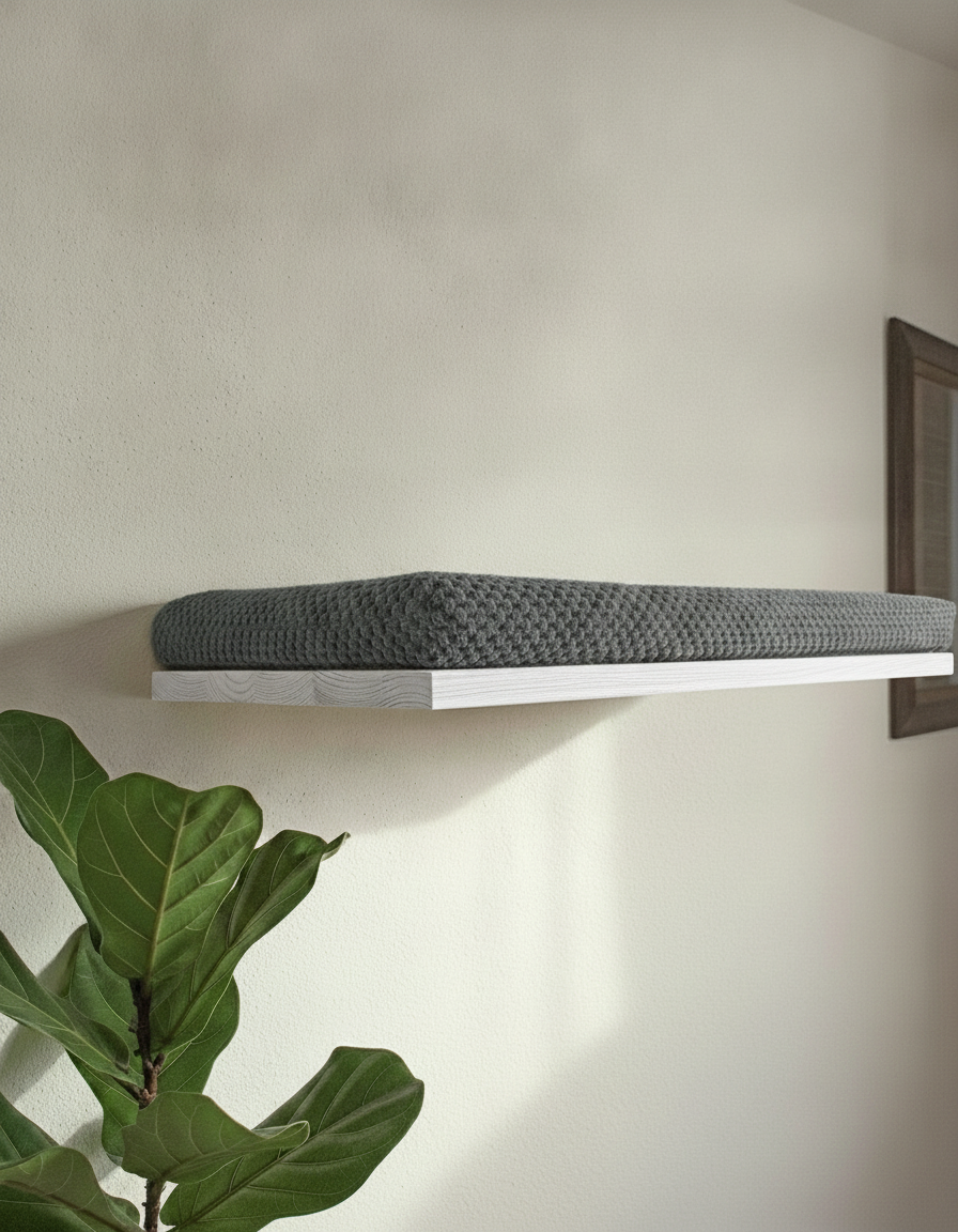 Floating Cat Wall Shelf - The Cozy Nook in White, Dark Grey cushion