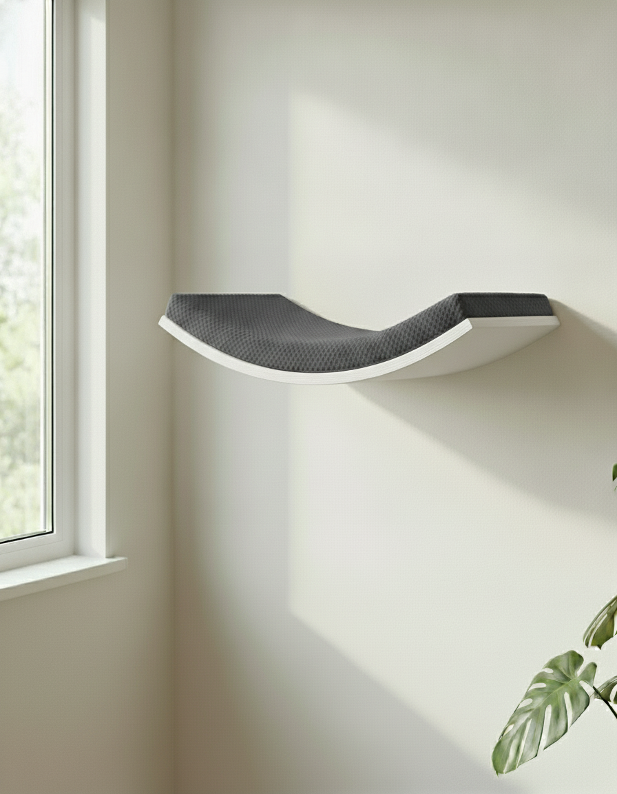 Floating Cat Wall Shelf - Softly Shaped in White, Dark Grey cushion