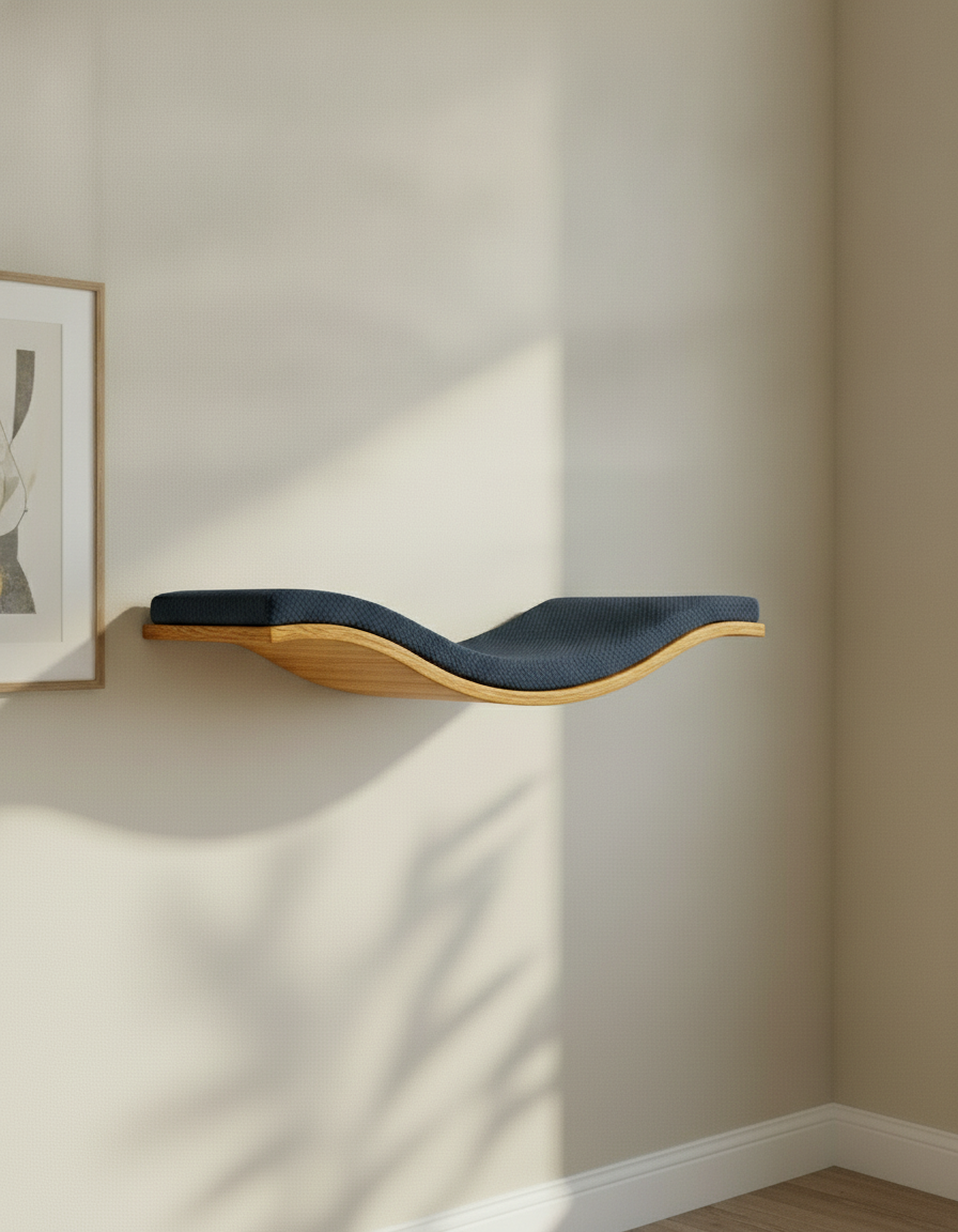 Floating Cat Wall Shelf - The Wavey Retreat in Golden Oak, Deep Navy Blue cushion
