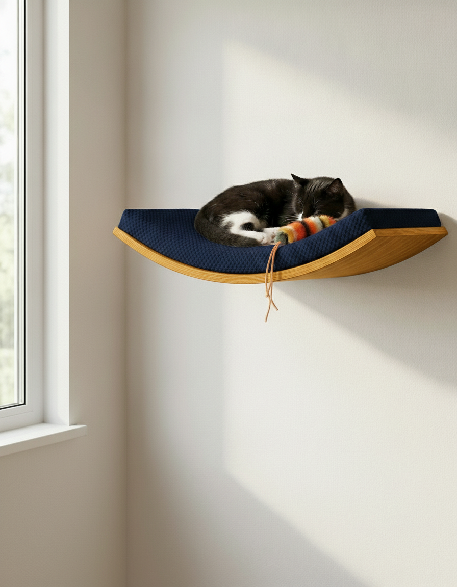 Floating Cat Wall Shelf - Softly Shaped in Golden Oak, Deep Navy Blue cushion