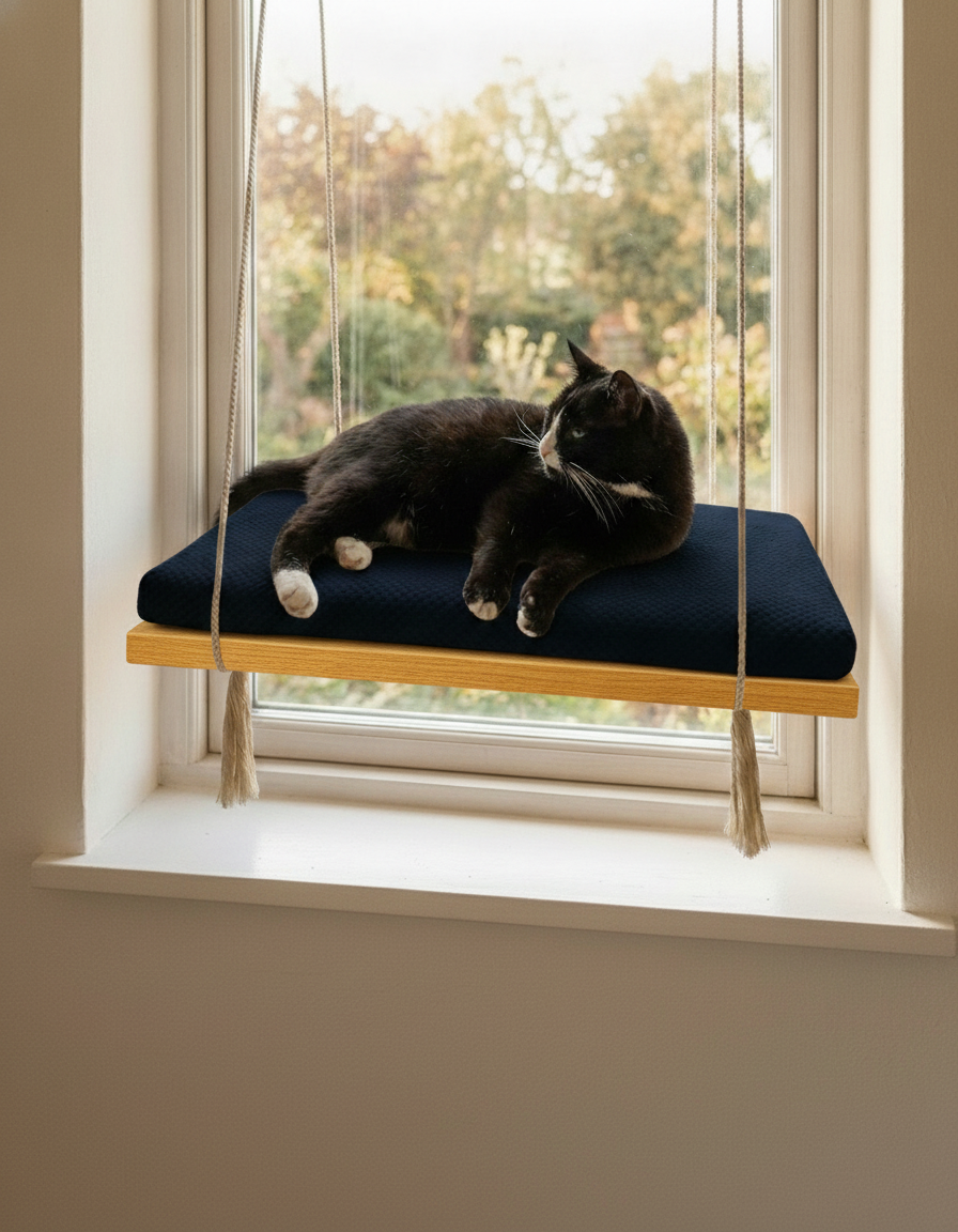 Cat Window Perch - Pine Wood - The Sunny Spot in Golden Oak, Deep Navy Blue cushion