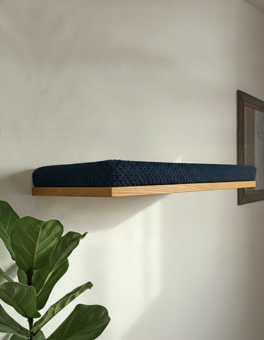 Floating Cat Wall Shelf - The Cozy Nook in Golden Oak, Deep Navy Blue cushion