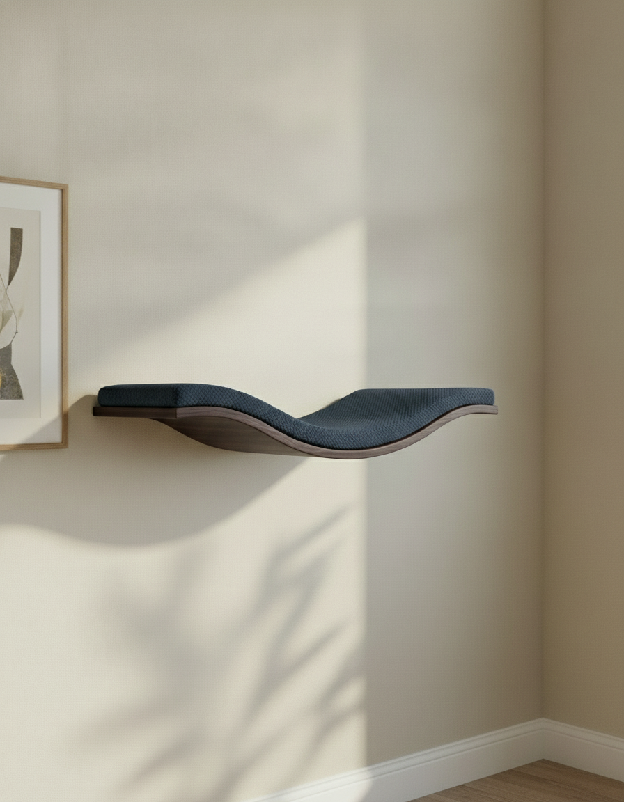 Floating Cat Wall Shelf - The Wavey Retreat in Wenge, Deep Navy Blue cushion