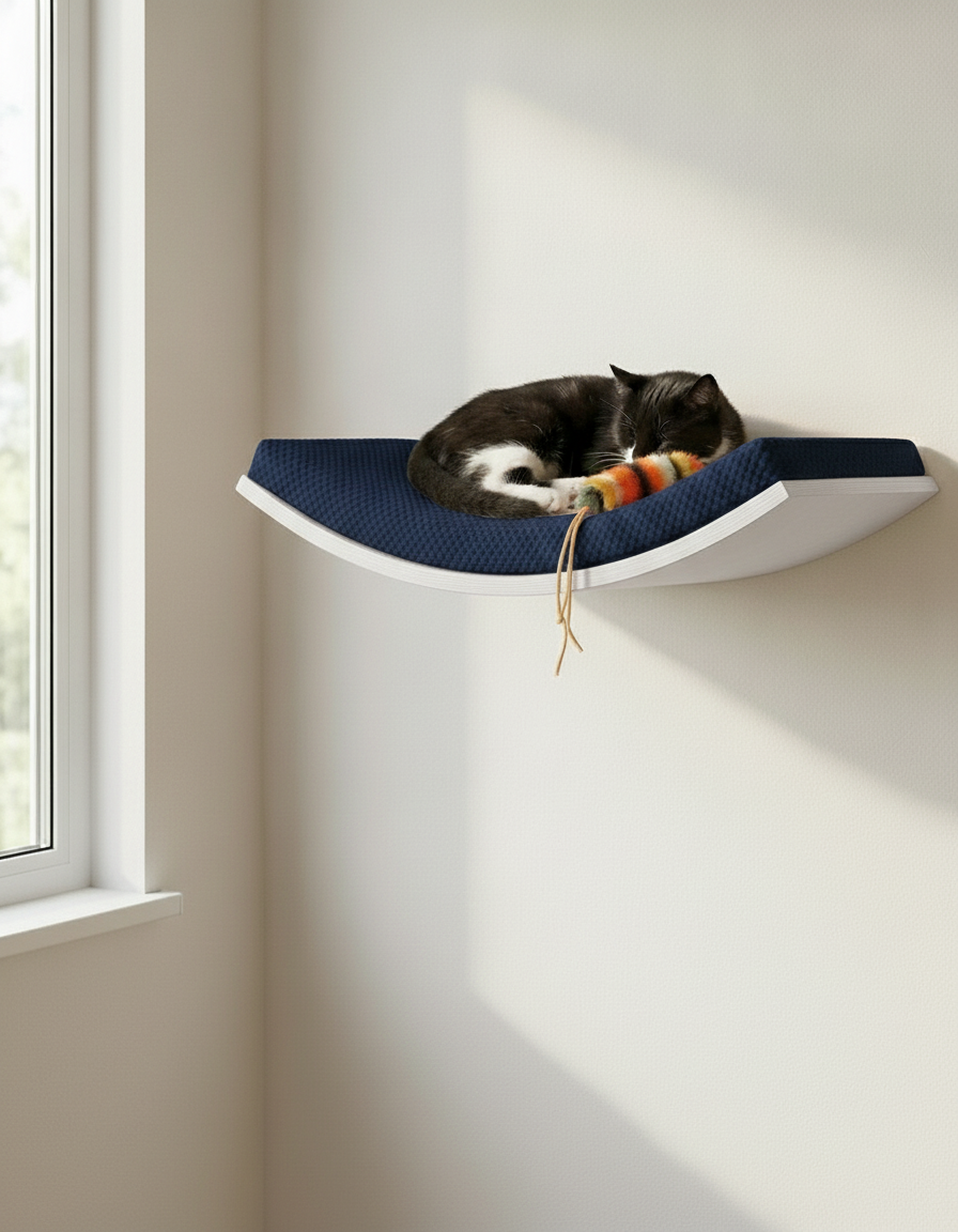 Floating Cat Wall Shelf - Softly Shaped in White, Deep Navy Blue cushion
