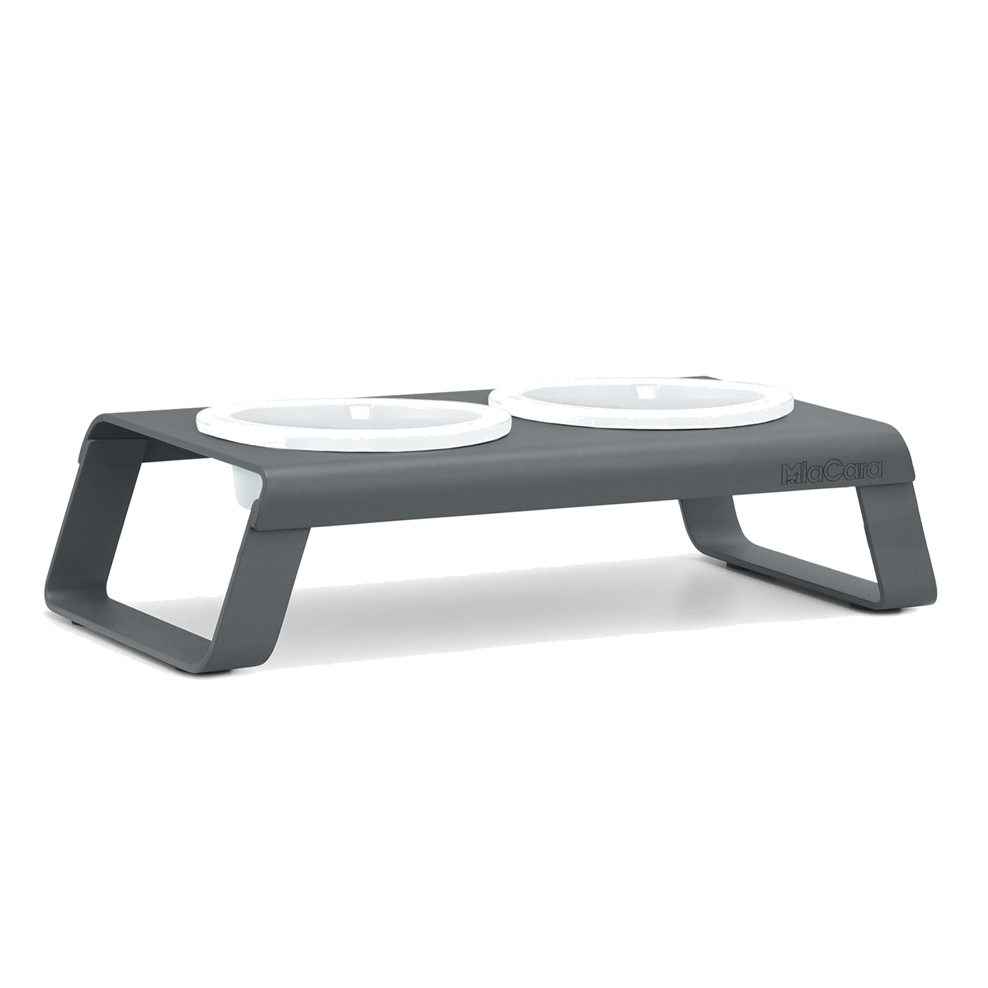 MiaCara Desco grey designer cat feeder with elevated porcelain bowls on minimalist German-engineered stand