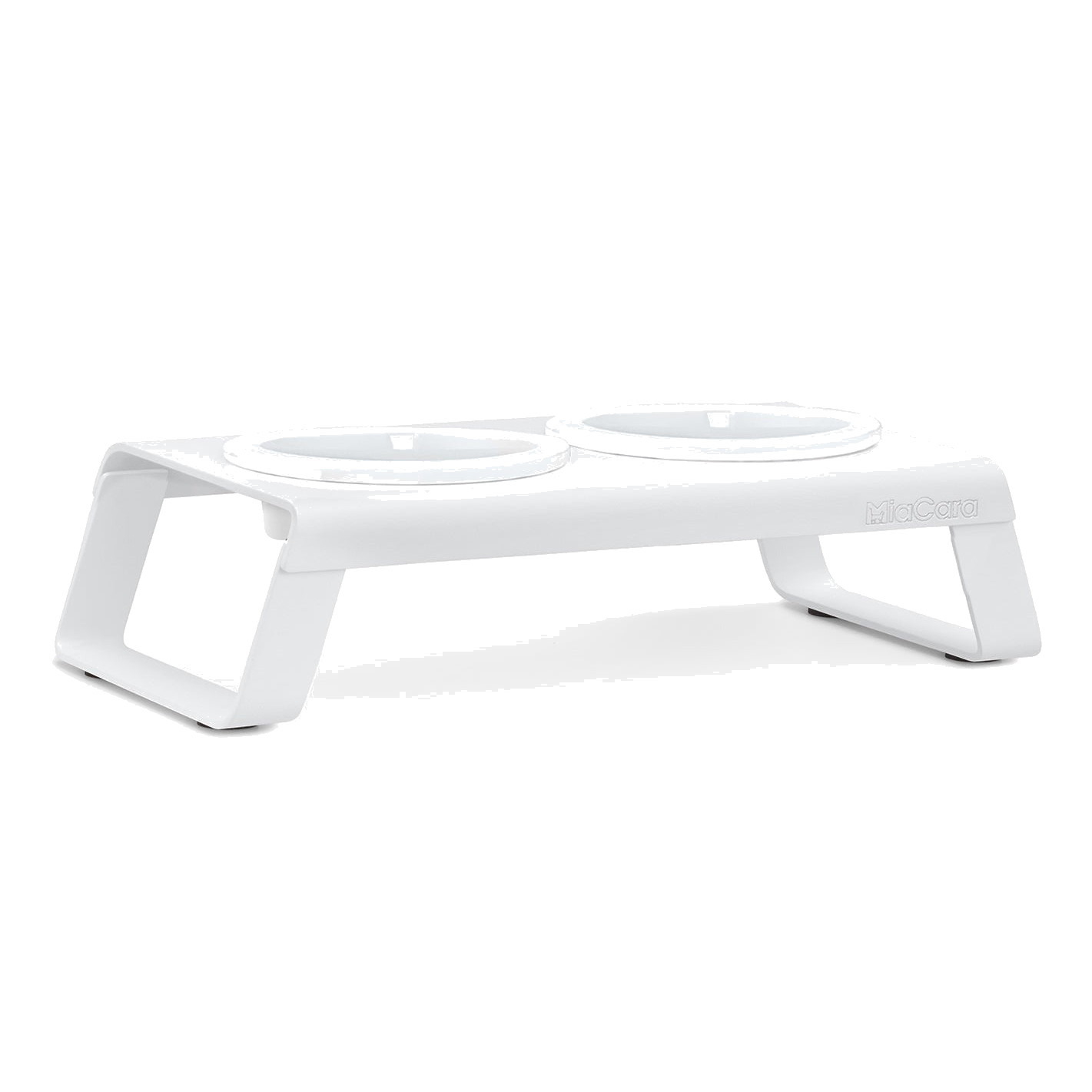 MiaCara Desco white designer cat feeder with dual porcelain bowls on minimalist elevated stand for modern homes