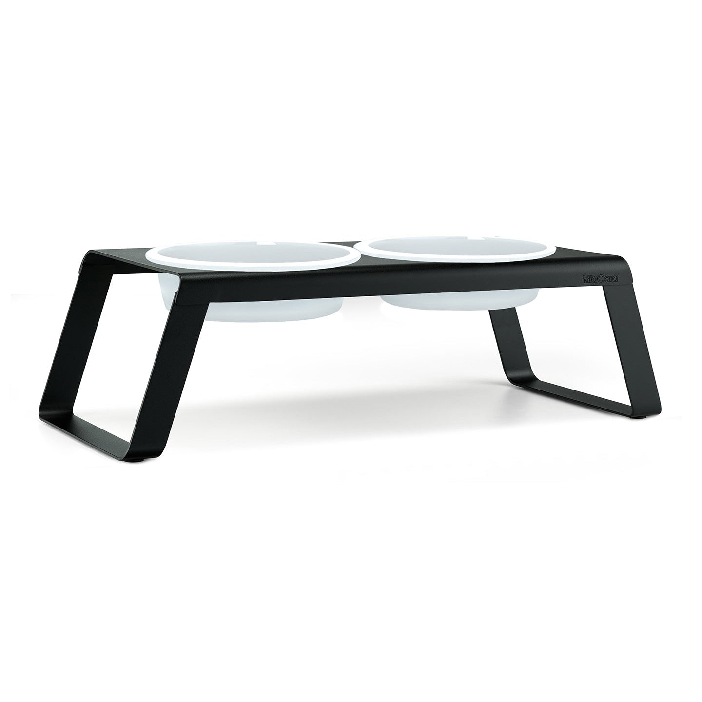 MiaCara Desco Elevated Dog Feeder, black stand with two white bowls, on white background