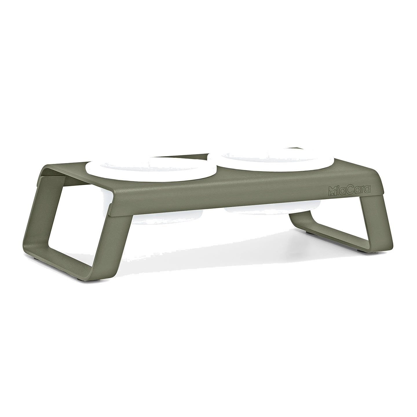 MiaCara Desco Elevated Dog Feeder in grolive, with two white bowls, on a white background