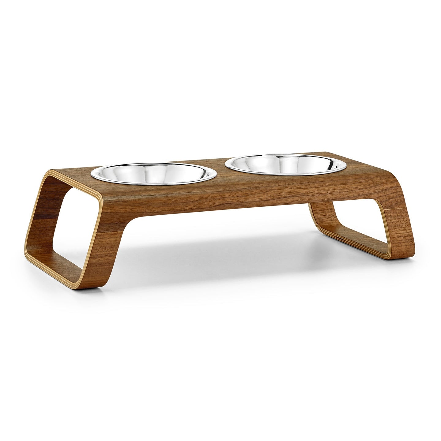 MiaCara Desco Elevated Cat Feeder in walnut with two stainless steel bowls on white background