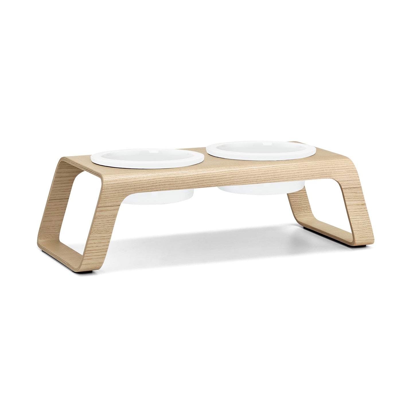 MiaCara Desco Elevated Dog Feeder, natural ash wood with two white bowls, on white background