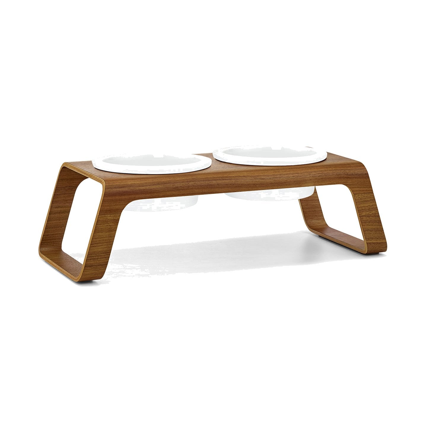 MiaCara Desco Elevated Dog Feeder, walnut wood stand with two white bowls, studio shot