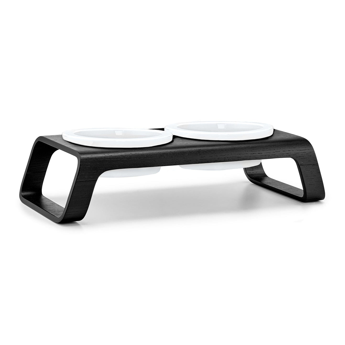 MiaCara Desco Elevated Dog Feeder, black stained ash with white bowls, on white background