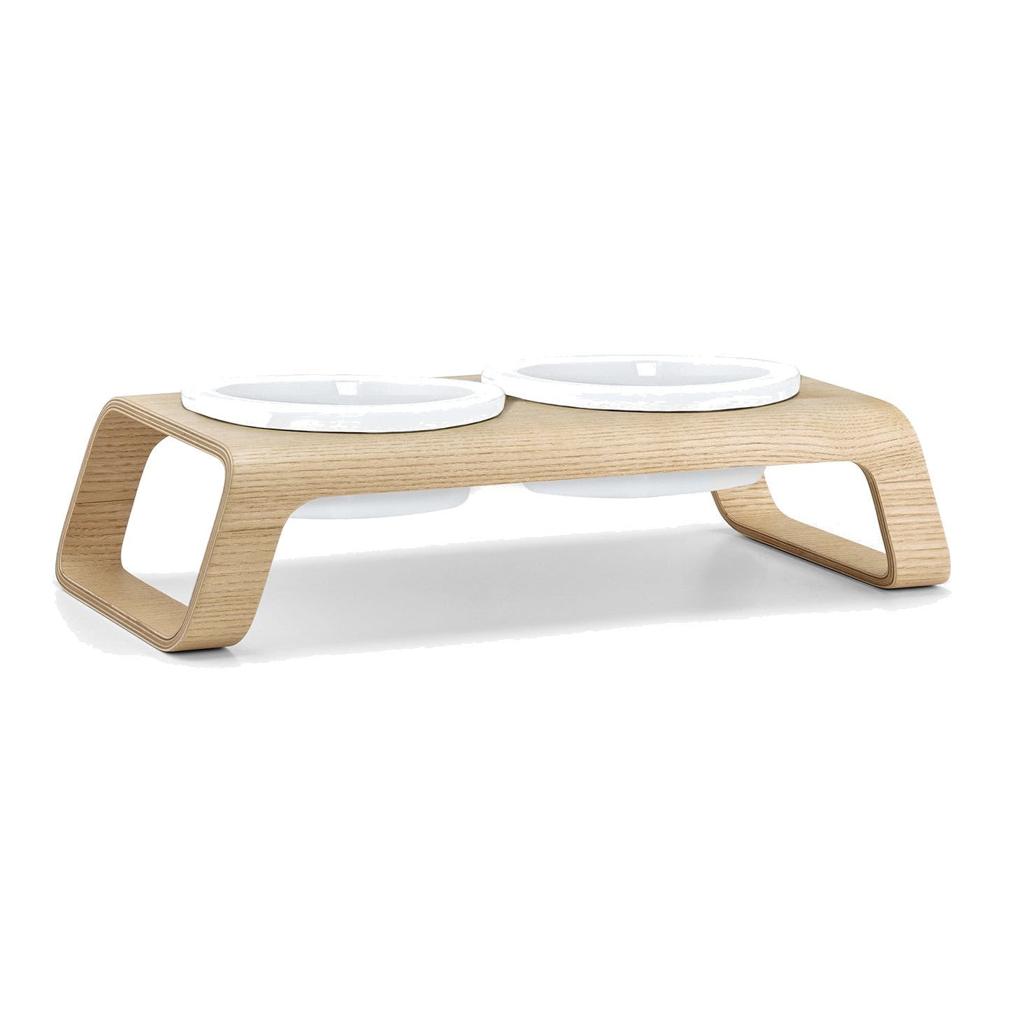 MiaCara Desco Elevated Dog Feeder, natural ash wood with two white bowls on white background