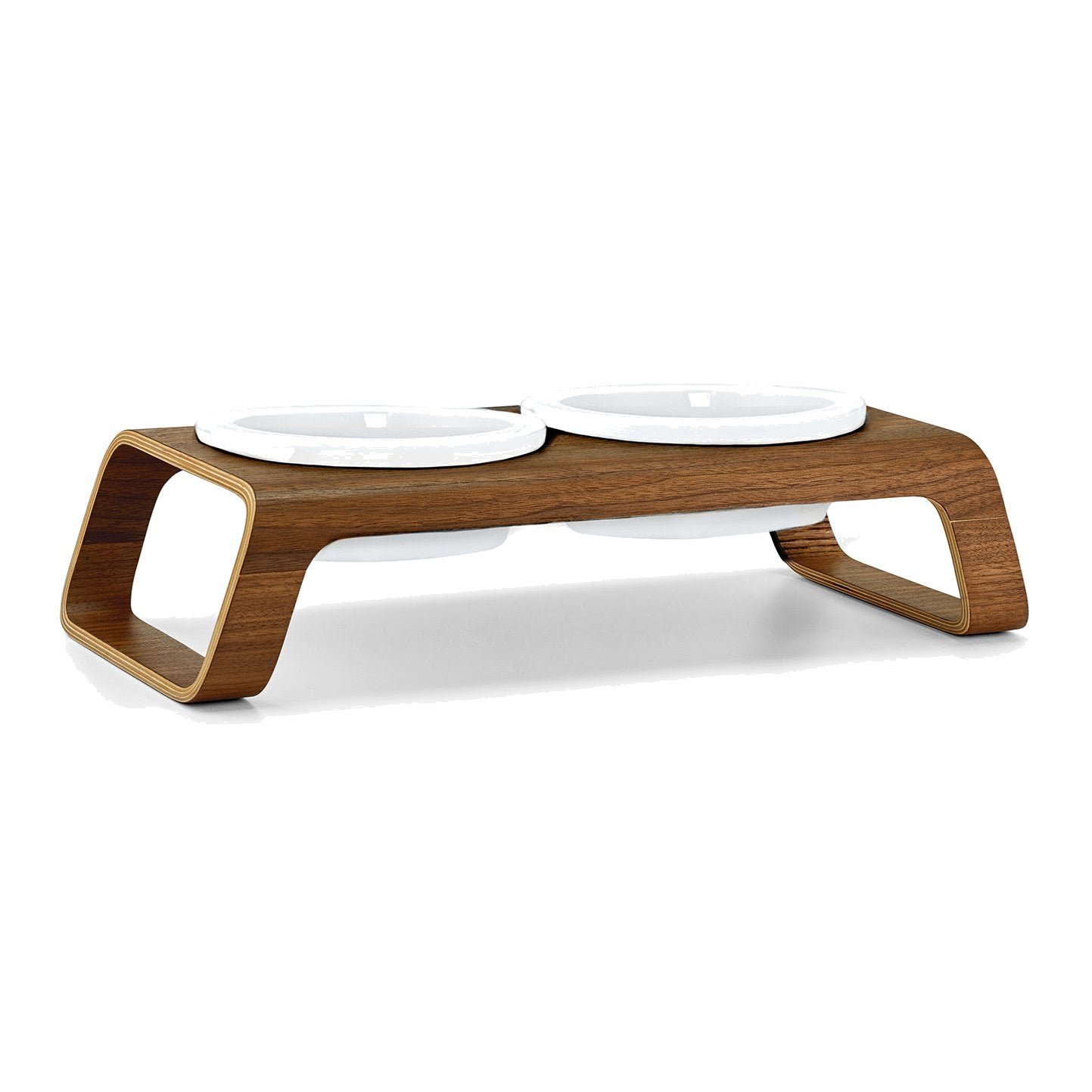 MiaCara Desco Elevated Dog Feeder, walnut finish with two white bowls, on white background