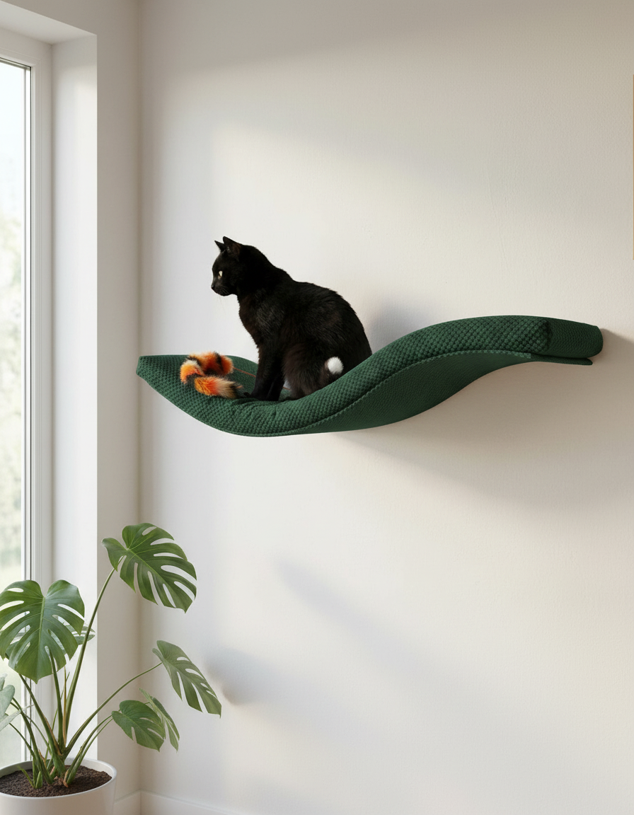 Cat Wall Shelf - The Playful Curve with Bottle Green DOT cushion