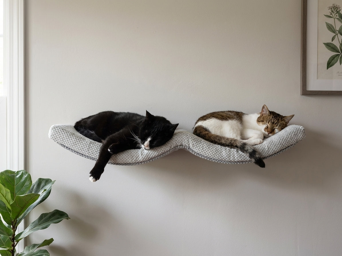 Two cats sleeping comfortably on grey fabric cat wall shelf with curved design mounted next to framed artwork