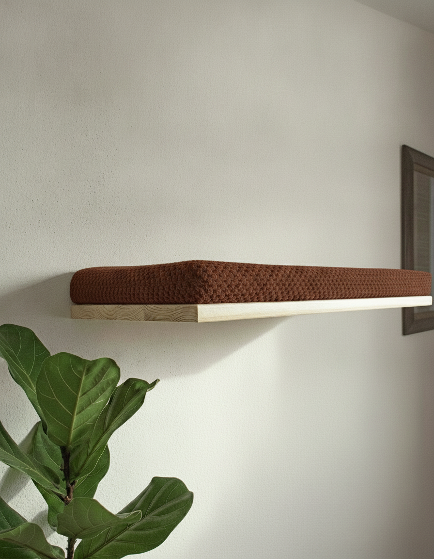 Floating Cat Wall Shelf - The Cozy Nook in Natural Pine, Dark Chocolate cushion