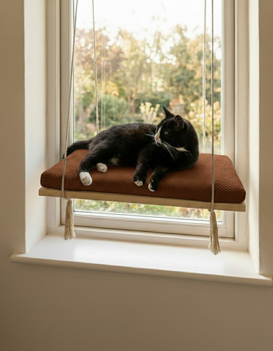 Cat Window Perch - Pine Wood - The Sunny Spot in Natural Pine, Dark Chocolate cushion