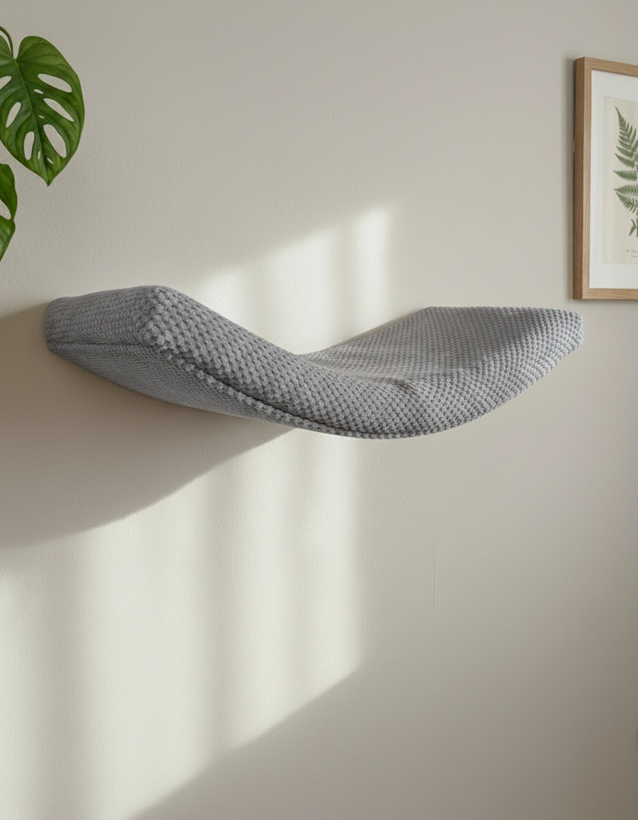 Cat Wall Shelf - The Arcing Haven with Grey DOT cushion