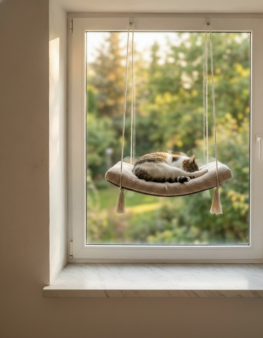 Cat Window Shelf - The Arcing View with Cream DOT cushion