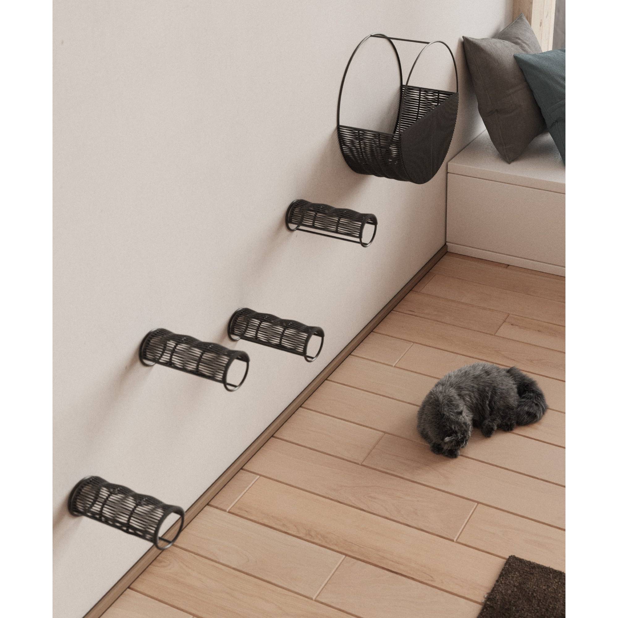MiaCara Gradino minimalist black cat climbing steps mounted on white wall with grey cat, German designer pet furniture