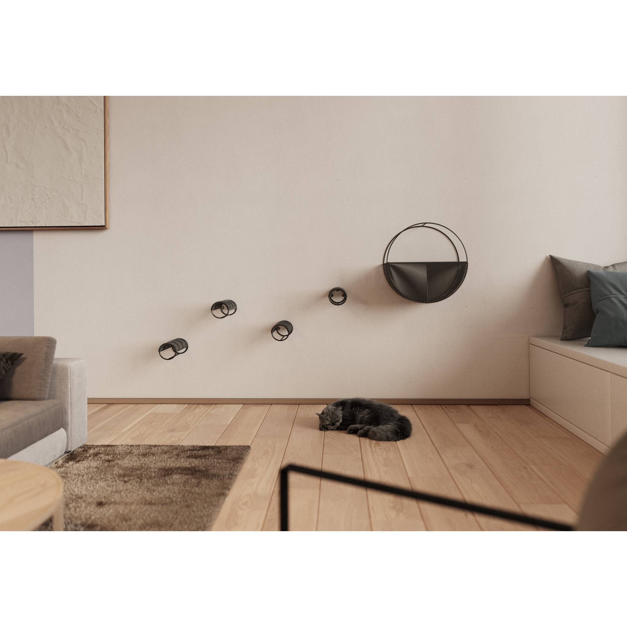 MiaCara Gradino wall-mounted cat nest in minimalist living room with sleeping cat, showcasing German design integration