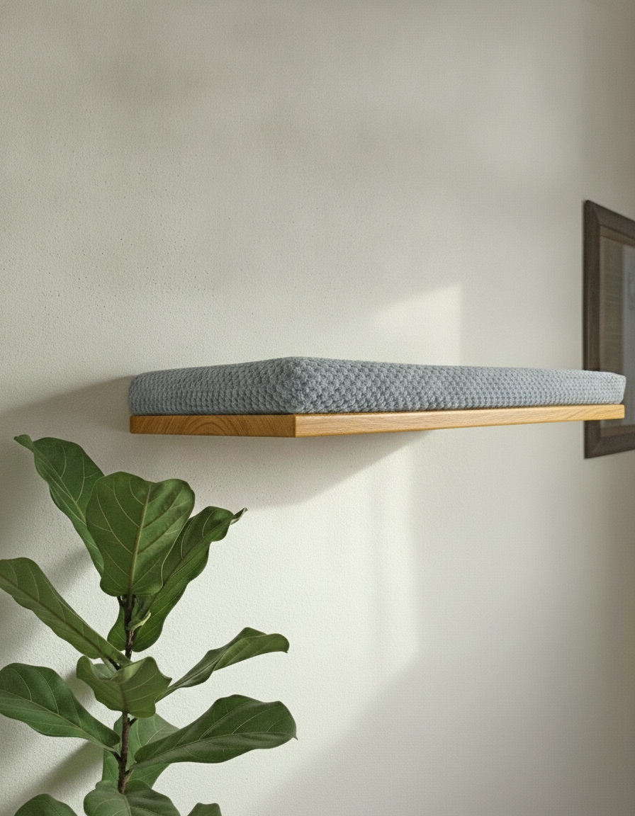 Floating Cat Wall Shelf - The Cozy Nook in Golden Oak, Grey cushion