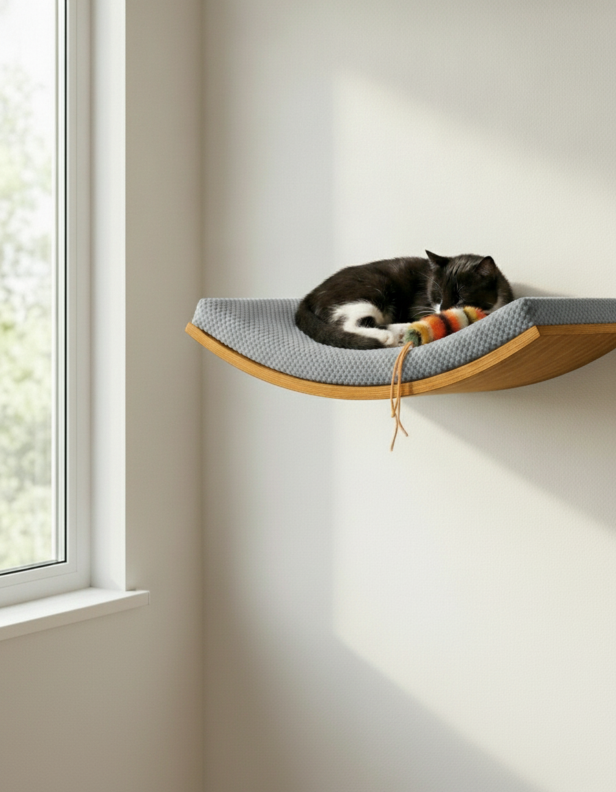 Floating Cat Wall Shelf - Softly Shaped in Golden Oak, Grey cushion