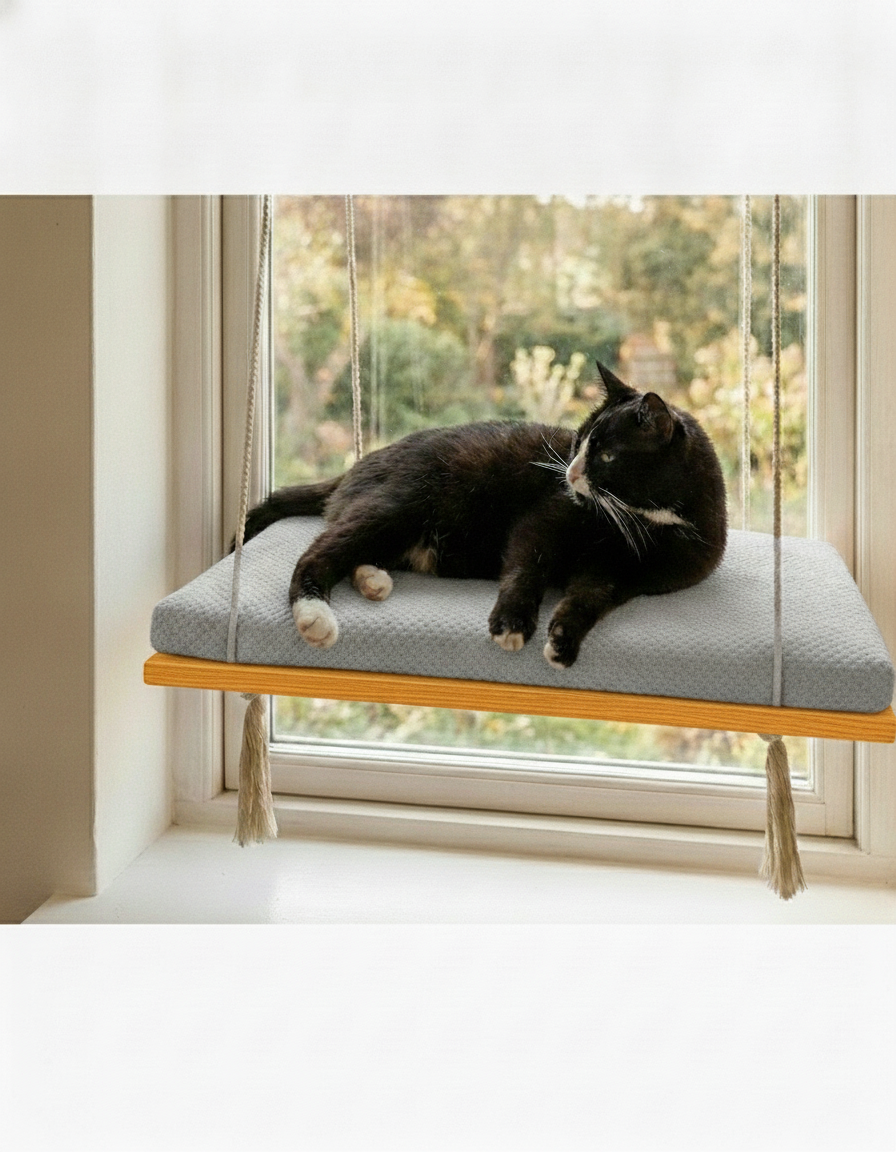 Cat Window Perch - Pine Wood - The Sunny Spot in Golden Oak, Grey cushion