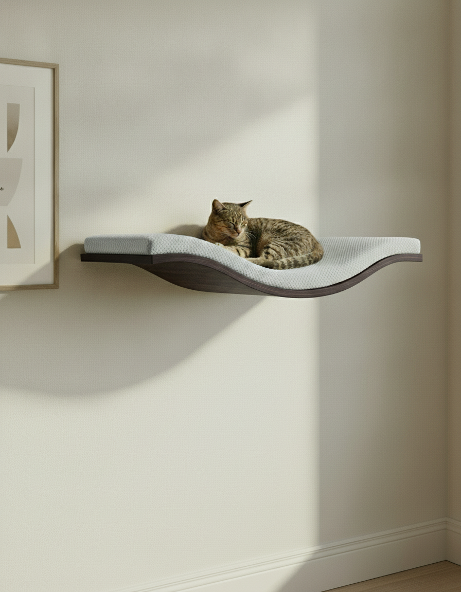 Floating Cat Wall Shelf - The Wavey Retreat in Wenge, Grey cushion