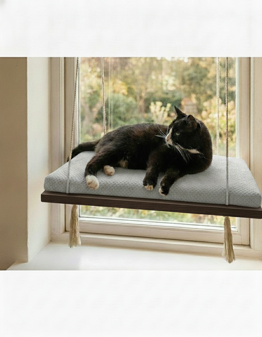 Cat Window Perch - Pine Wood - The Sunny Spot in Wenge, Grey cushion