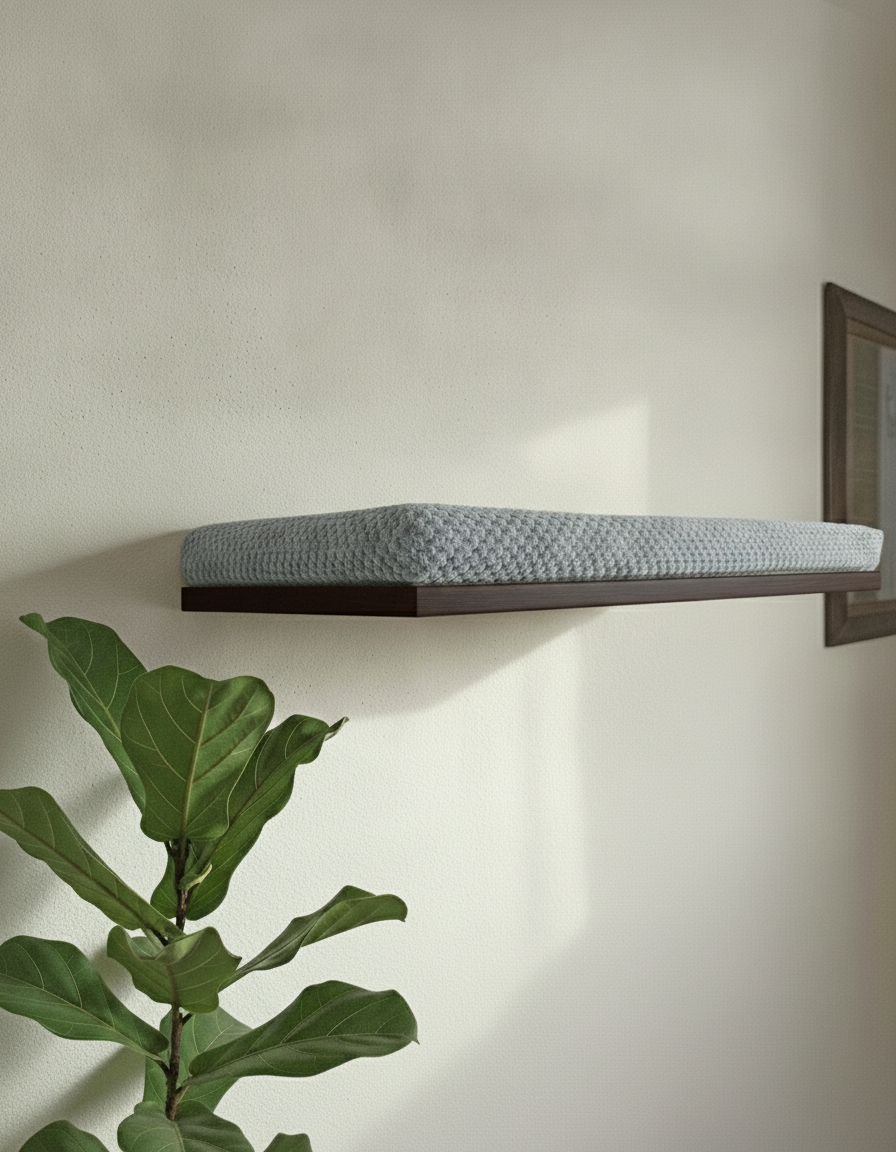 Floating Cat Wall Shelf - The Cozy Nook in Wenge, Grey cushion