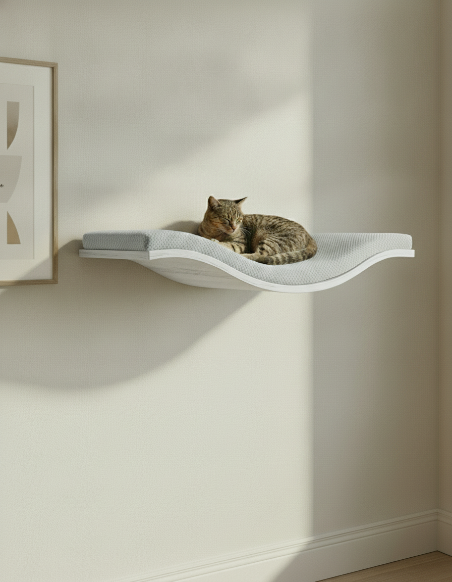 Floating Cat Wall Shelf - The Wavey Retreat in White, Grey cushion