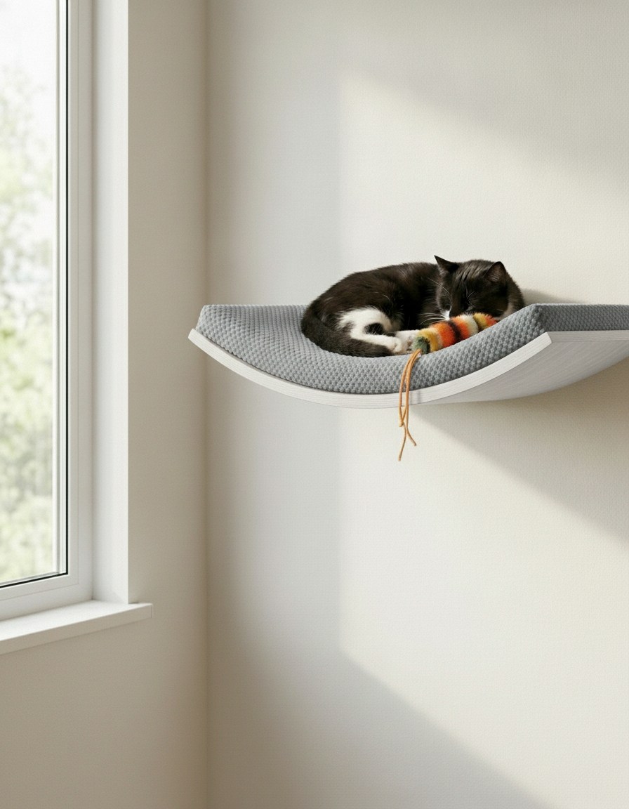 Floating Cat Wall Shelf - Softly Shaped in White, Grey cushion