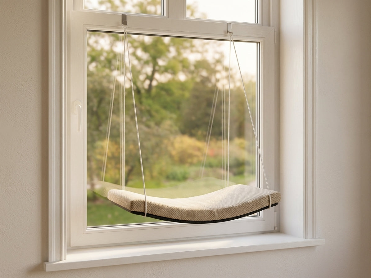 Cat window hammock with beige curved seat suspended by ropes, mounted on white window frame overlooking garden