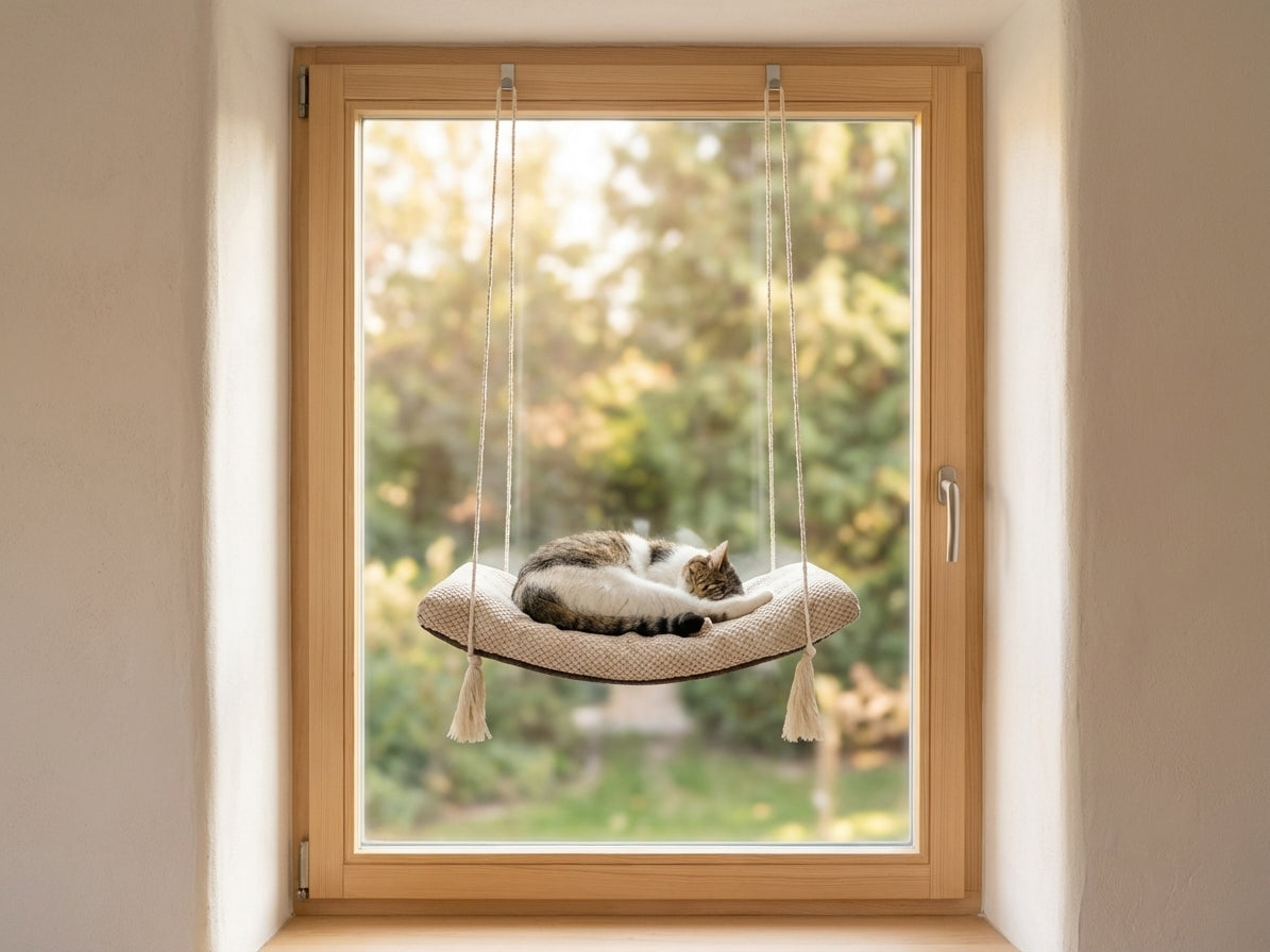 Cat lying comfortably in beige window hammock with rope suspension, mounted on glass door overlooking snowy garden