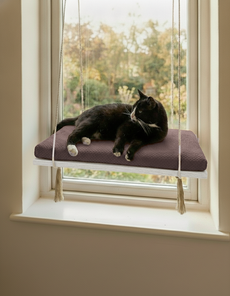Cat Window Perch - Pine Wood - The Sunny Spot in White, Chocolate cushion
