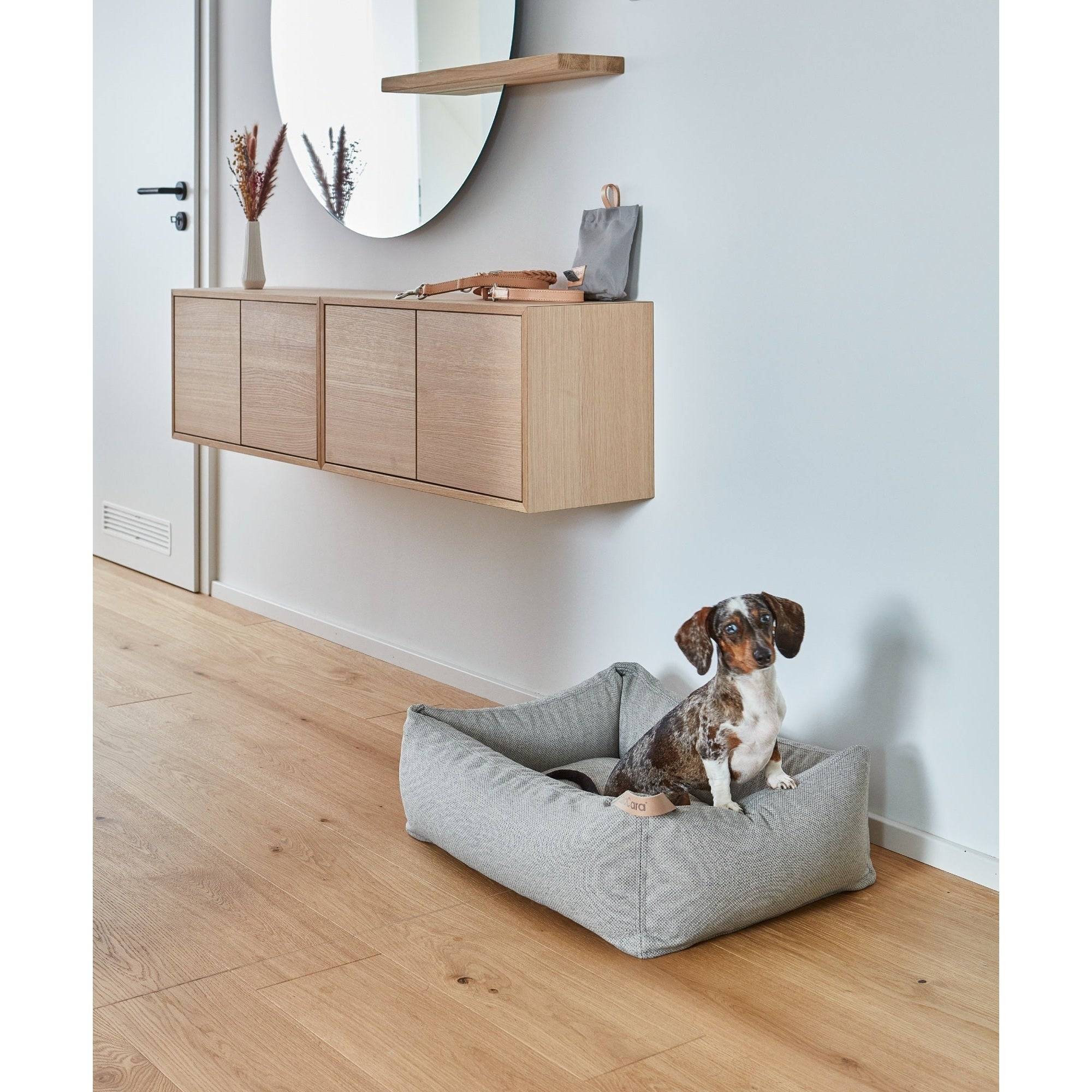 MiaCara Mare designer dog bed in grey sustainable fabric with dachshund in modern minimalist interior setting