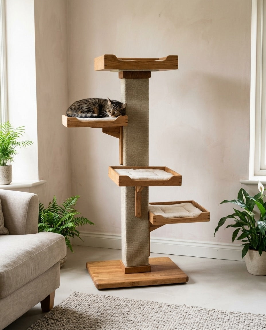 Handmade cat tree with four oak beds on a sisal post and a solid oak base, with a cat asleep on a bed in a living room